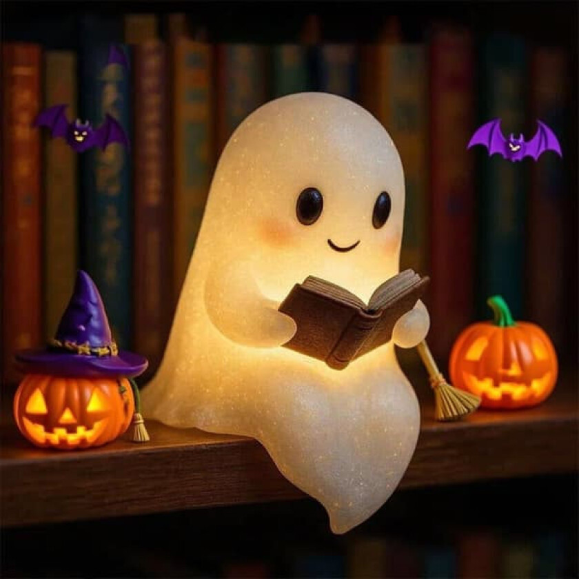 Liten Spøkelseslampe med Bok, LED Nattlampe Halloween Dekor, Innendørs Figurlampe For Barnerom