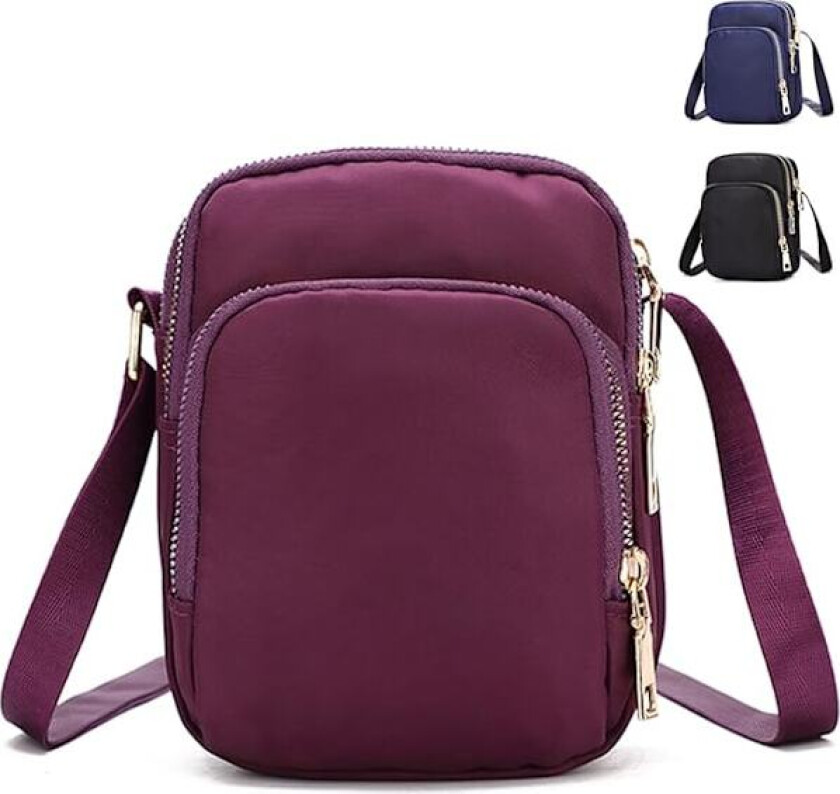 1 STK Crossbody Telefonveske Dame, Nylon Lommebok Skulderveske, 3 Lag Glidelås Mobiltelefonveske med Justerbar Stropp.