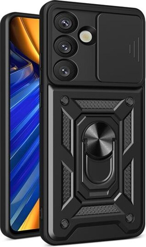Hybrid Armor Camshield-etui med stativ og kameradeksel til Samsung Galaxy M06 5G / F06 5G - Svart