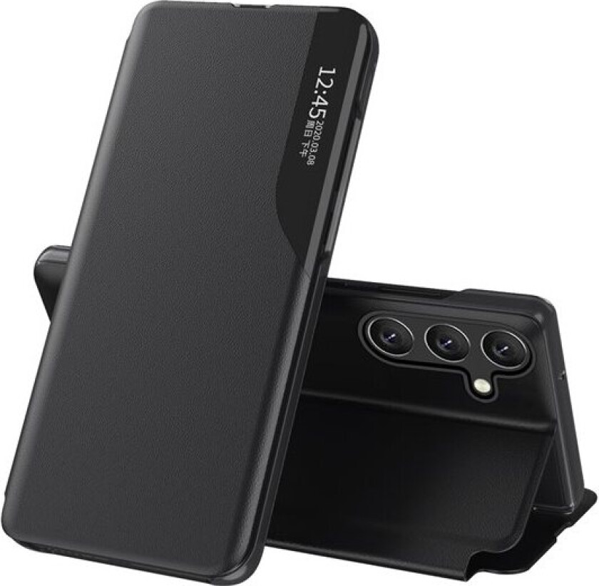Eco Leather View-etui for Samsung Galaxy S24 FE med flipp og stativ - svart