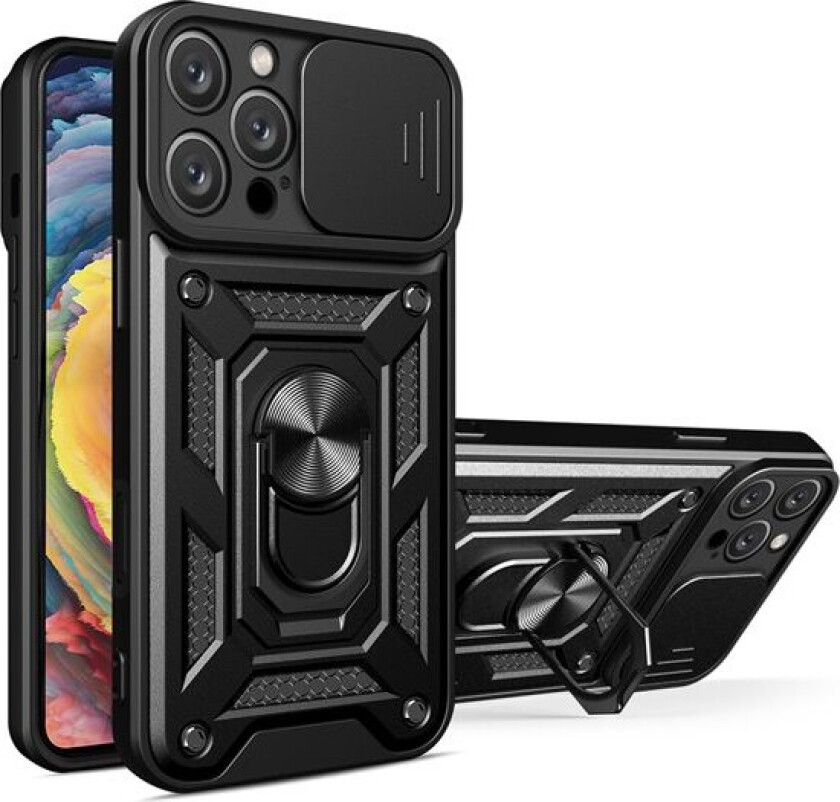 Hybrid Armor Camshield iPhone 16 Pro Max pansret etui med kameradeksel og stativ - svart