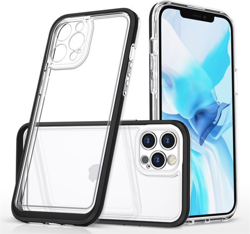 Gjennomsiktig 3-i-1-etui til iPhone 12 Pro Max-etui geldeksel med ramme svart