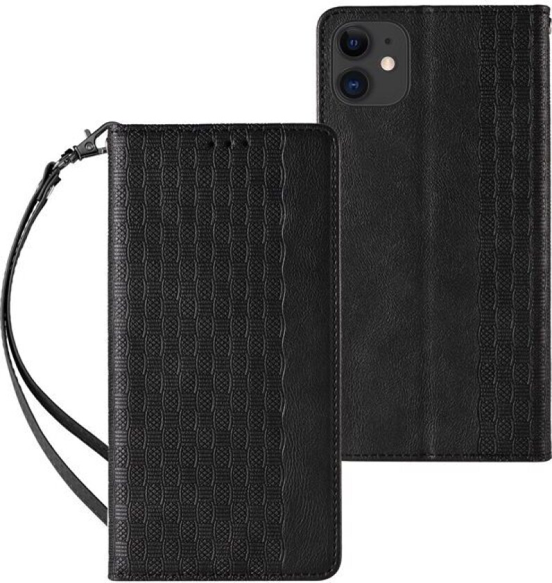 Magnet Stroppveske for iPhone 12 lommeboklommebok + mini nøkkelbånd anheng svart