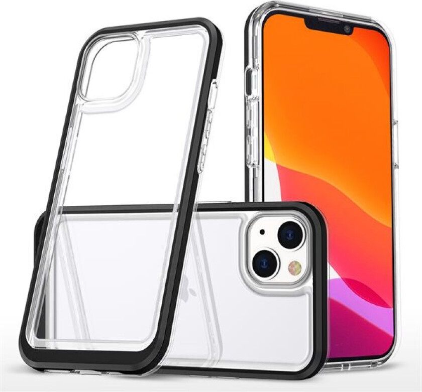 Gjennomsiktig 3-i-1-etui for iPhone 14 silikondeksel med ramme svart