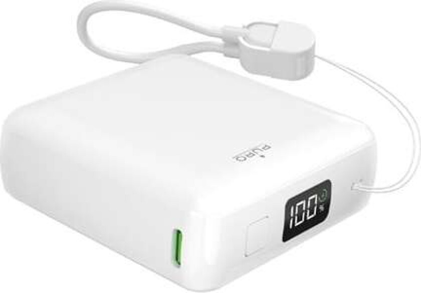 10000 mAh 20 W USB-C USB-A-strømbank med skjerm og innebygd USB-C-kabel - hvit