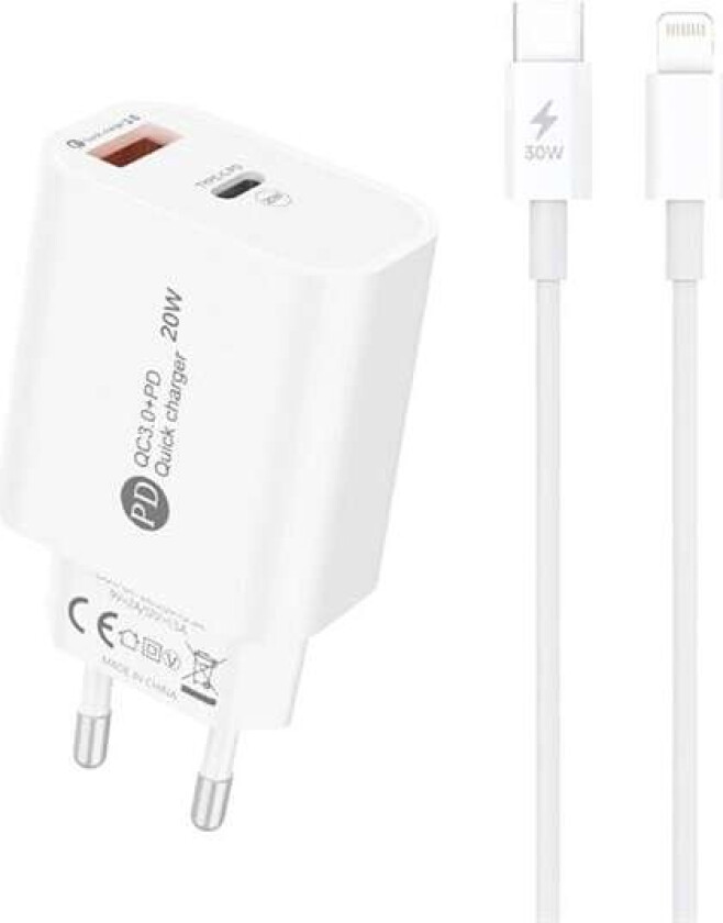 Hurtiglader 20 W med USB-C og USB-A + Lightning-kabel – Hvit
