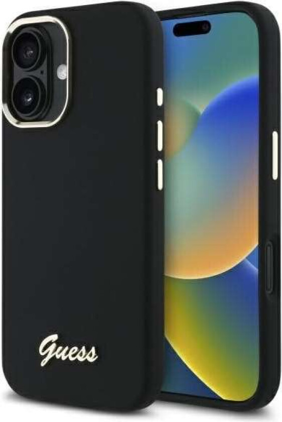 Silikonetui med metallogo og ramme for iPhone 16 Plus - svart