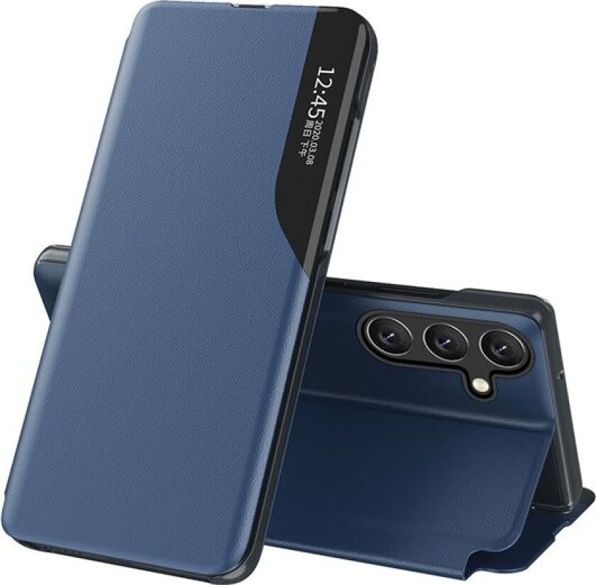 Eco Leather View Case elegant etui med klaff og stativfunksjon for Samsung Galaxy A26 - blå