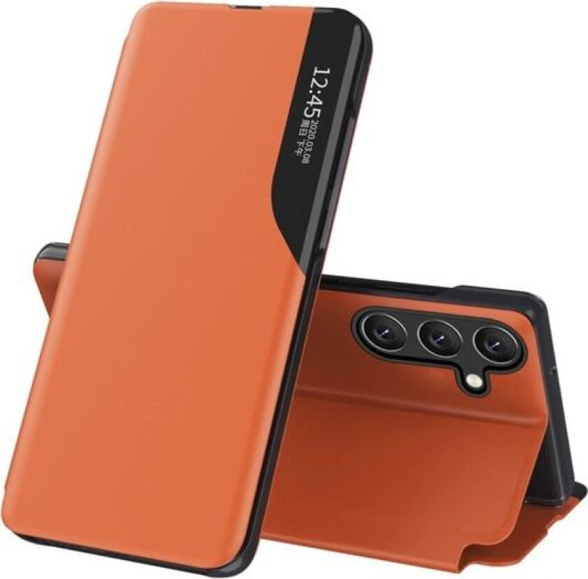 Eco Leather View Case elegant etui med klaff og stativfunksjon for Samsung Galaxy A26 - oransje