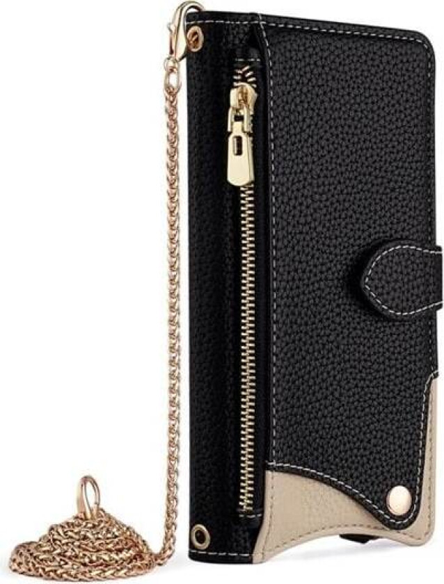 Lommebok-deksel med speil og kjede til iPhone 14 Plus - Svart