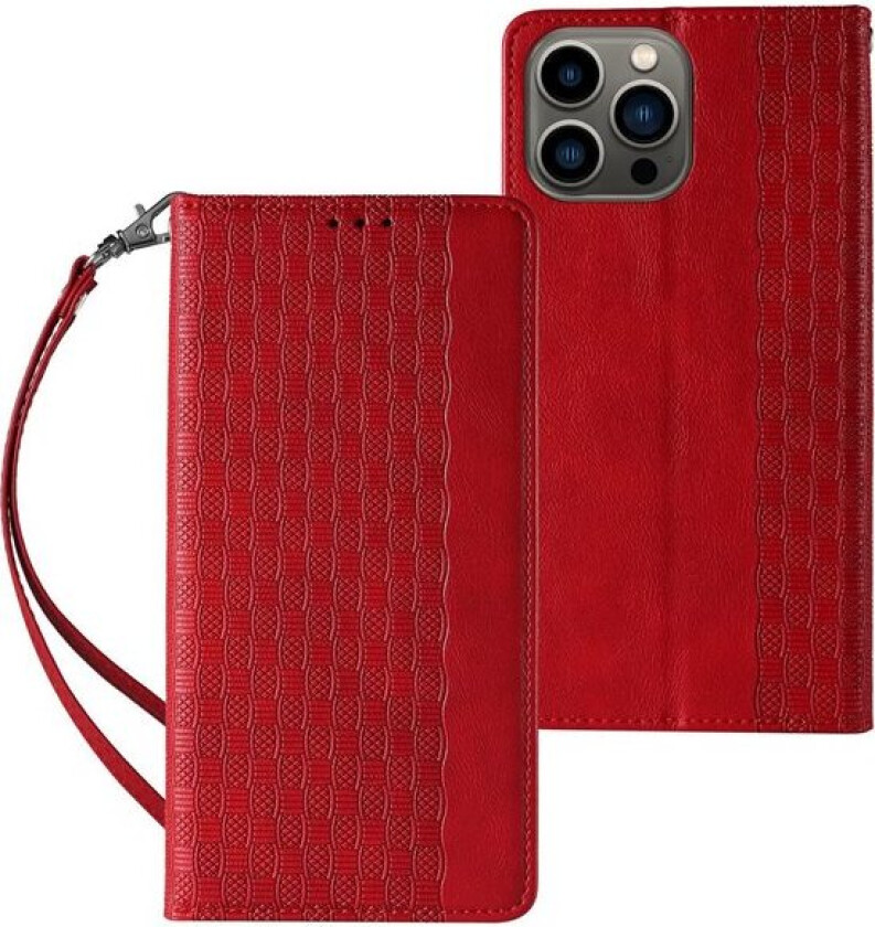 Magnet Strap Case Case for iPhone 14 Pro Max Flip Wallet Mini Lanyard Stand Red