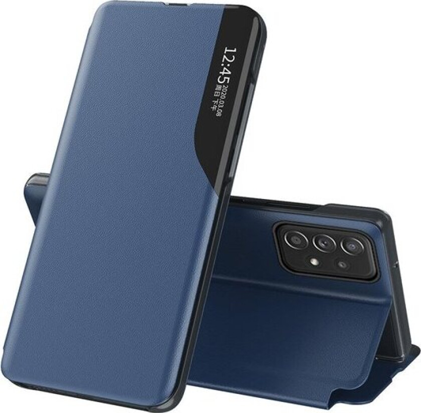 Eco Leather View Case elegant etui med klaff og stativfunksjon for Samsung Galaxy A73 blå