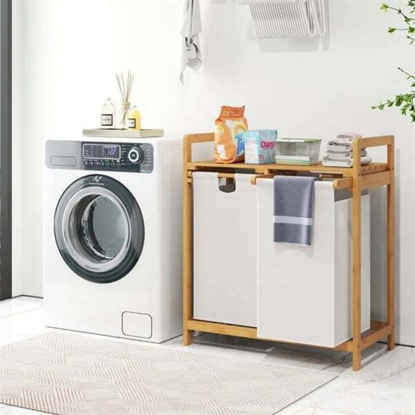 Skittentøyskurv i bambus med hylle og 2 avtakbare poser – Hvit/tre