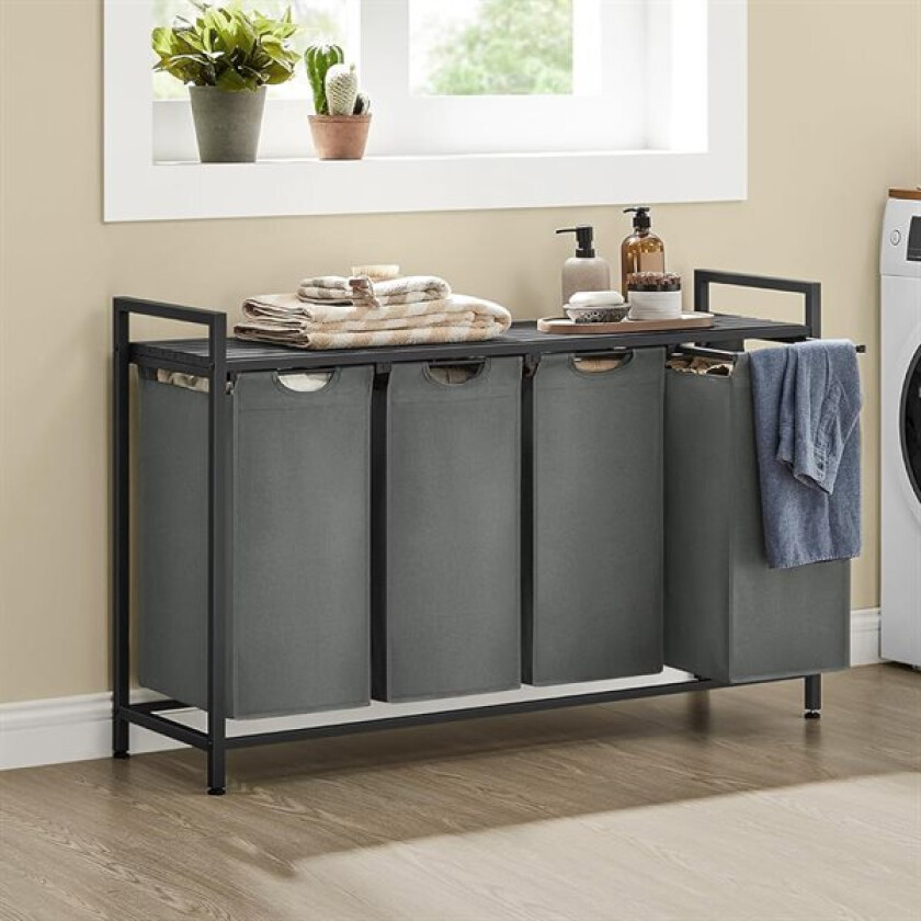 Skittentøyskurv med 4 uttrekkbare rom og trehylle – Svart/Grå