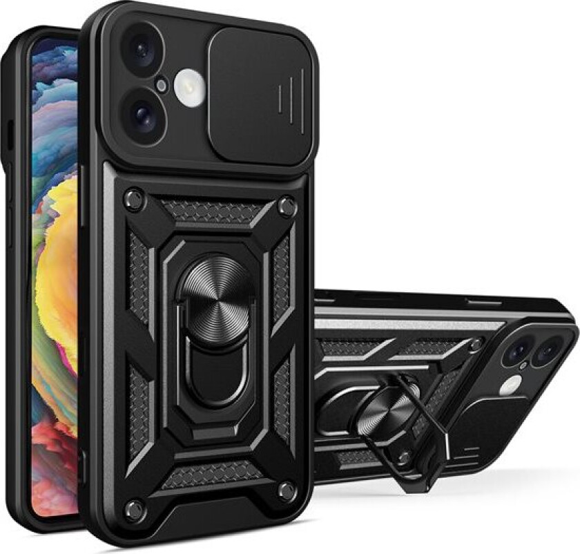 Hybrid Armor Camshield iPhone 16 pansret etui med kameradeksel og stativ - svart