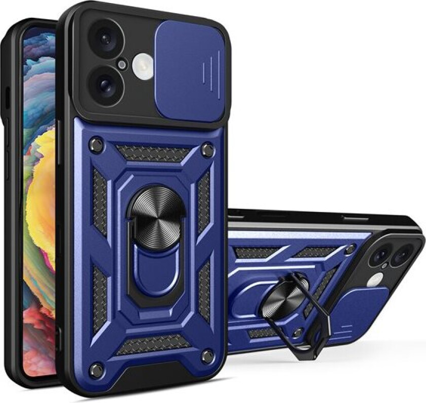 Hybrid Armor Camshield iPhone 16-etui med kameradeksel og stativ - blå