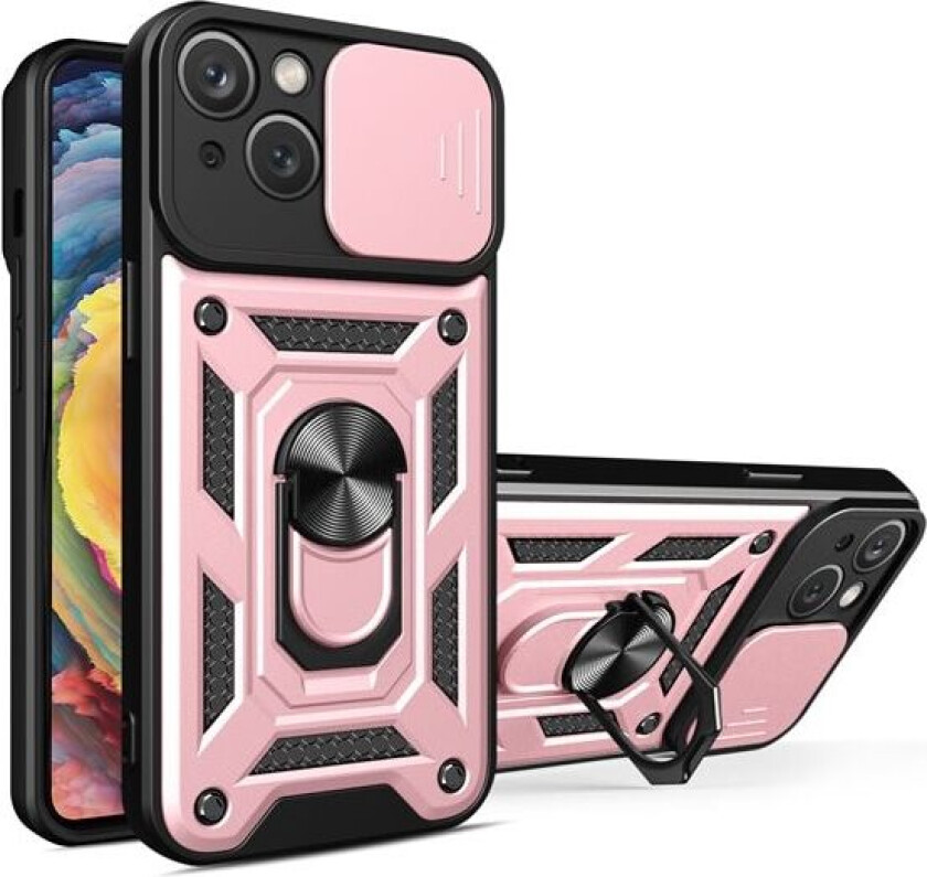Hybrid Armor Camshield-etui med stativ og kameradeksel til iPhone 15 Plus - Rosa