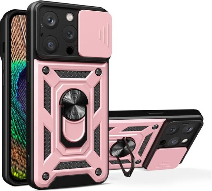 Hybrid Armor Camshield-etui med stativ og kameradeksel til iPhone 15 Pro - rosa