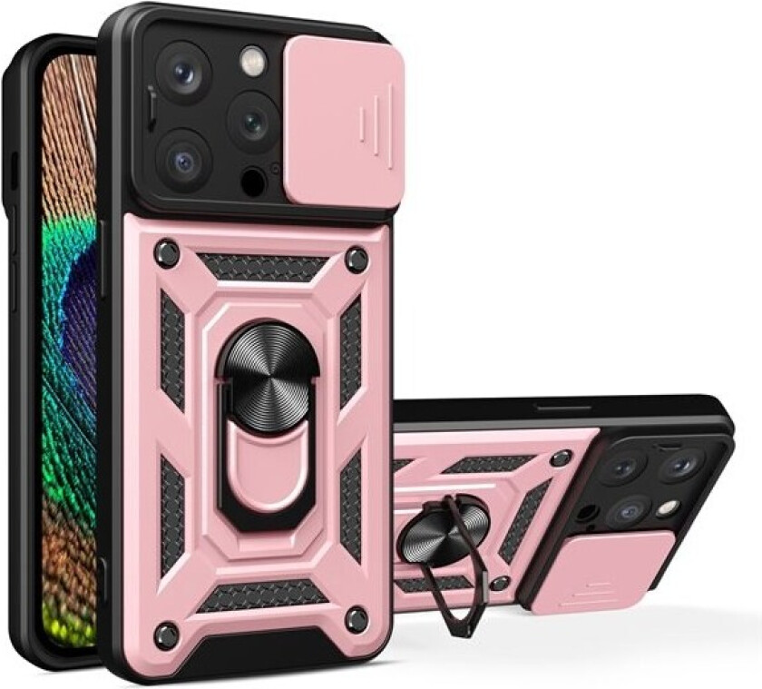 iPhone 15 Pro Max Hybrid Armor Camshield-etui med kickstand og kameradeksel - Rosa