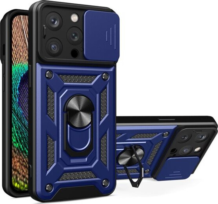 Hybrid Armor Camshield iPhone 15 Pro-etui med kickstand og kameradeksel - blå