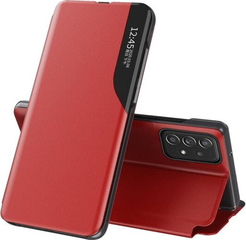 Eco Leather View Case et elegant etui med klaff og stativfunksjon for Samsung Galaxy A73 rød