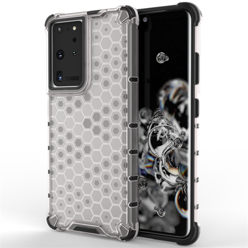Honeycomb-etui pansrede deksel med en gelramme for Samsung Galaxy S22 Ultra gjennomsiktig