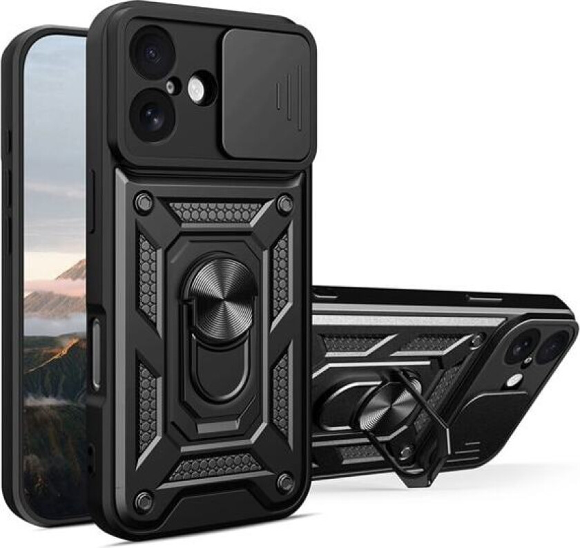 Beskyttende deksel med kameradeksel og stativring til iPhone 17 – Svart