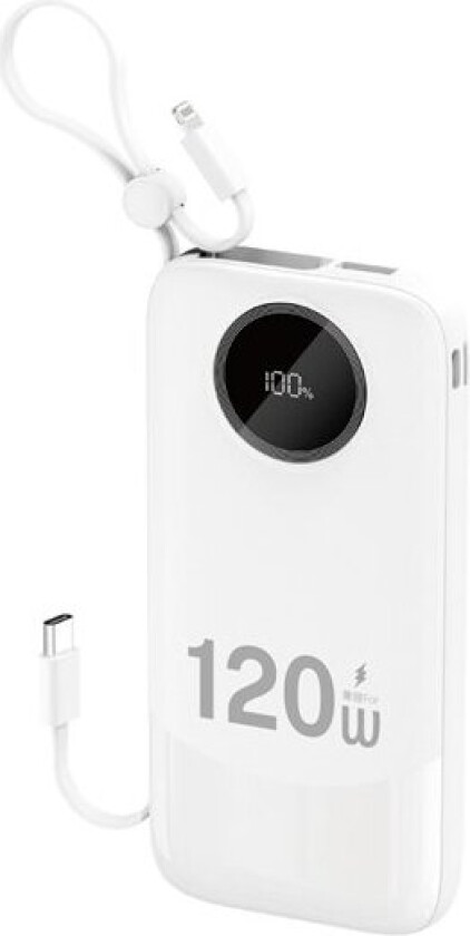 K13 10000mAh Powerbank med innebygd USB-C + Lightning-kabel - Hvit