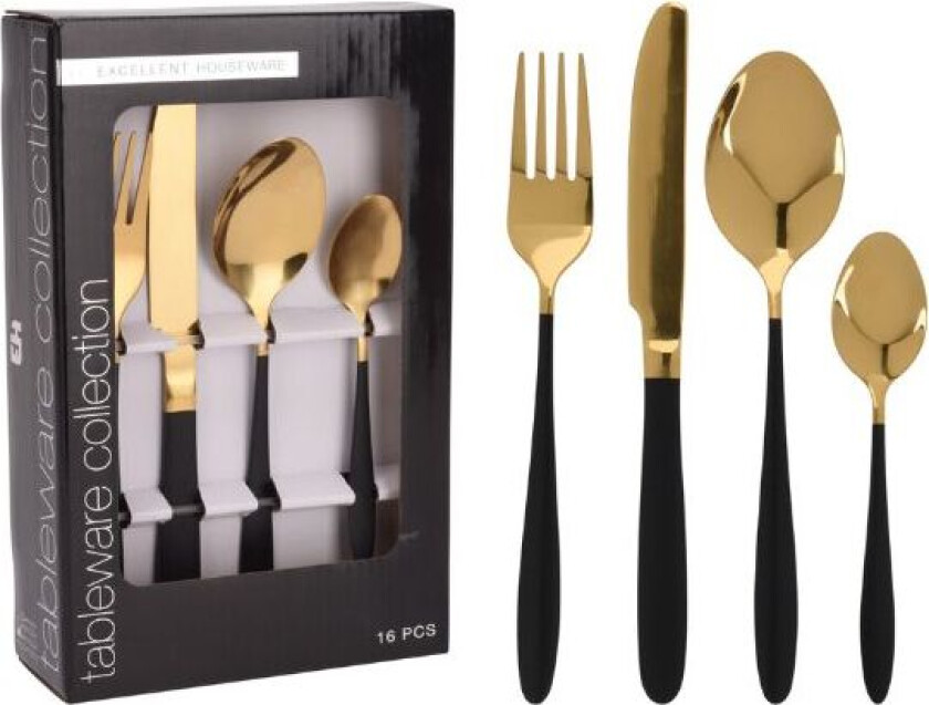 Bestikksett 16 Deler Svart Og Gull