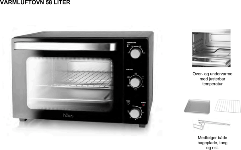 Hâws Mini Ovn 58 Liter, Top Og Bund Varme, Op Til 230 Grader, 2000 Watt + Varmluft