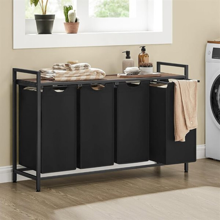 Skittentøyskurv med 4 uttrekkbare rom og trehylle – Svart