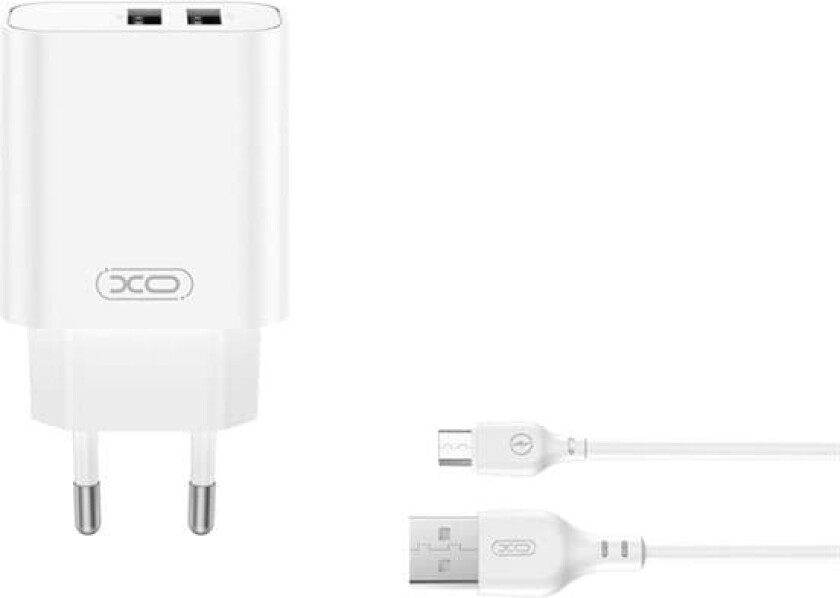 Vegglader med 2xUSB 2,4A + USB til USB-C-kabel - Hvit