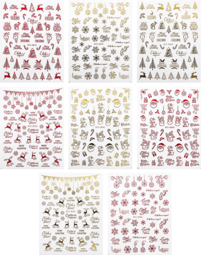 8 ark Vinterklistermärken Xmas Nail Art Stickers Jul 3d Nail Stickers Jul Nail Wraps Jul Nagelklistermärken (10X8cm, rød)