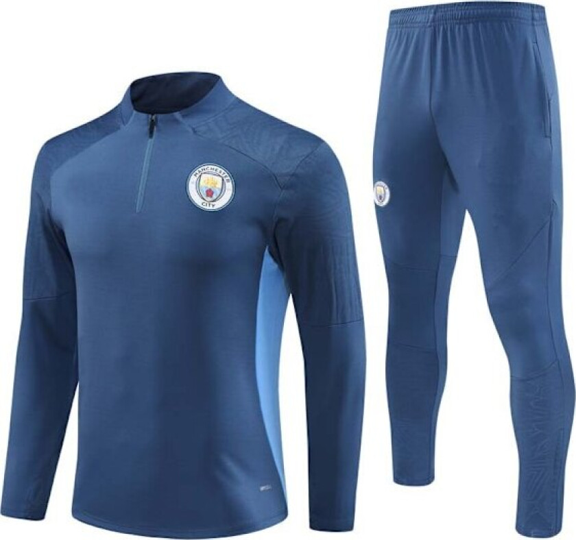 2024 Manchester City Ny Fotballtrøye Langermet Treningssett for Voksne og Barn Kongeblå Kongeblå