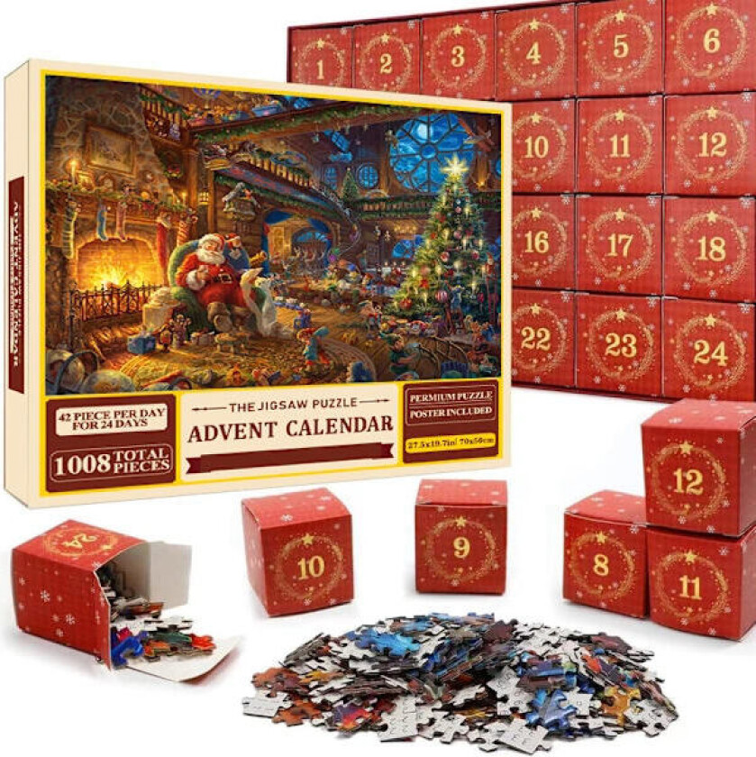 24-lukers julepuslespill nedtellingskalender, morsom julespillgave, 1008 biter 50 x 70 cm puslespill