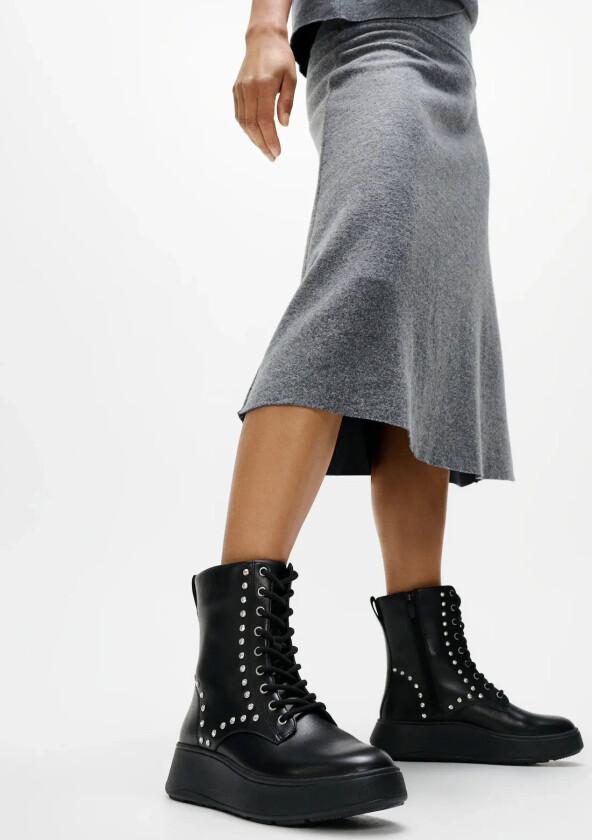 F-Mode Gem-Trim Leather Lace-Up Ankle Boots - Black - EU38