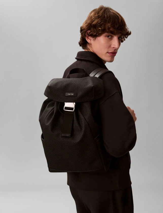 Embossed Woven Flap Backpack - Black - ONE SIZE