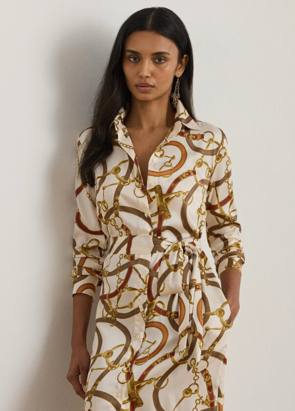 Belting-Print Twill Shirtdress - Cream - 46