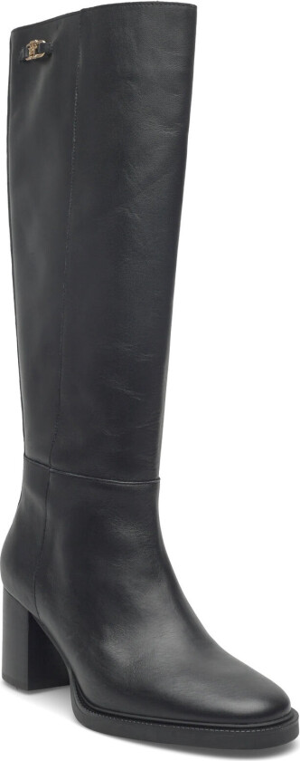 Stacked Heel Leather Long Boot - Black - 39