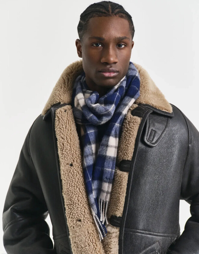 Wool Checked Scarf - Blue - ONE SIZE