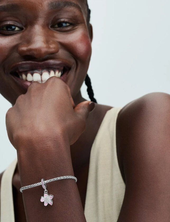 Movable Cherry Blossom Sterling Silver Dangle With Fancy Pink Cubic Zirconia And Shaded Pink Enamel - Pink - ONE SIZE