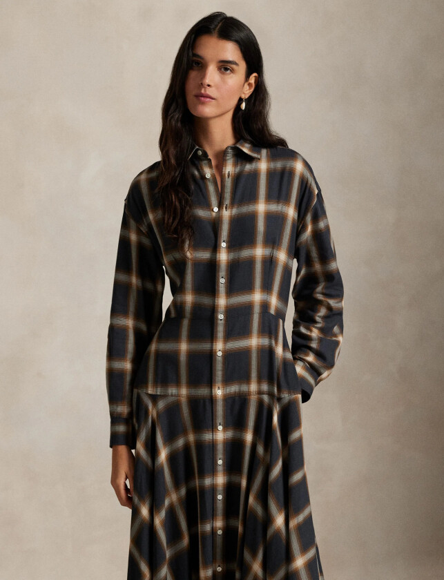 Plaid Twill Paneled Shirtdress - Brown - 38