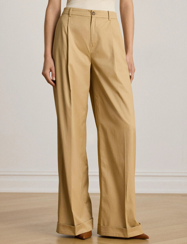 Pleated Cotton Twill Wide-Leg Pant - Beige - 36