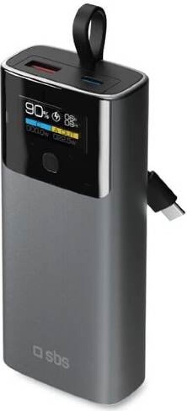 10000mAh PD 20W Powerbank med LCD-skjerm og innebygd USB-C-kabel - grå