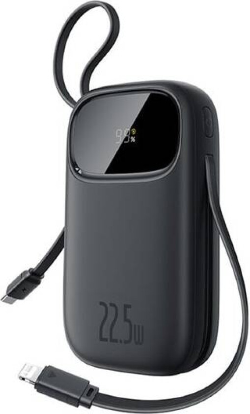 EnerFill FC31 10000mAh 22.5W Powerbank med skjerm og 2 kabler (USB-C + Lightning) - Svart