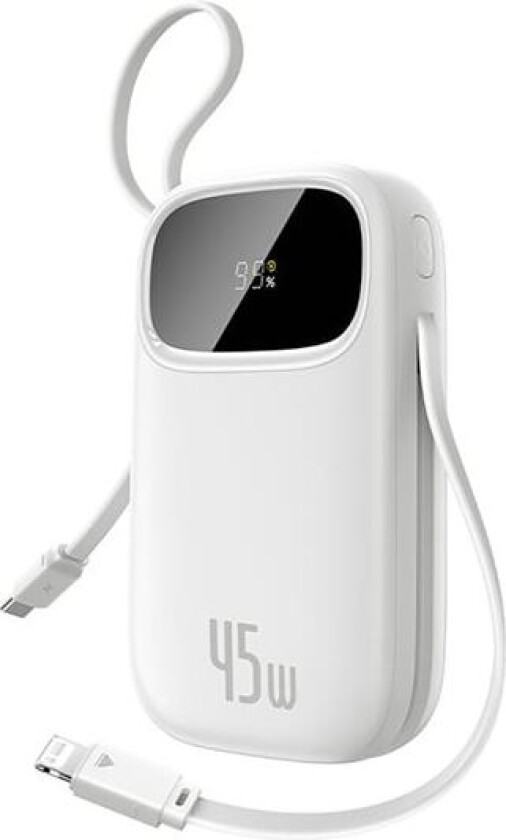 EnerFill FC31 20000mAh 45W Powerbank m/digital skjerm og 2 kabler (USB-C + Lightning) - Hvit