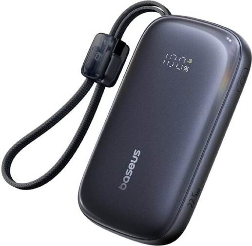 EnerFill FC21 QPow3 10000 mAh 22,5 W power bank med digital skjerm og avtakbar kabel - svart