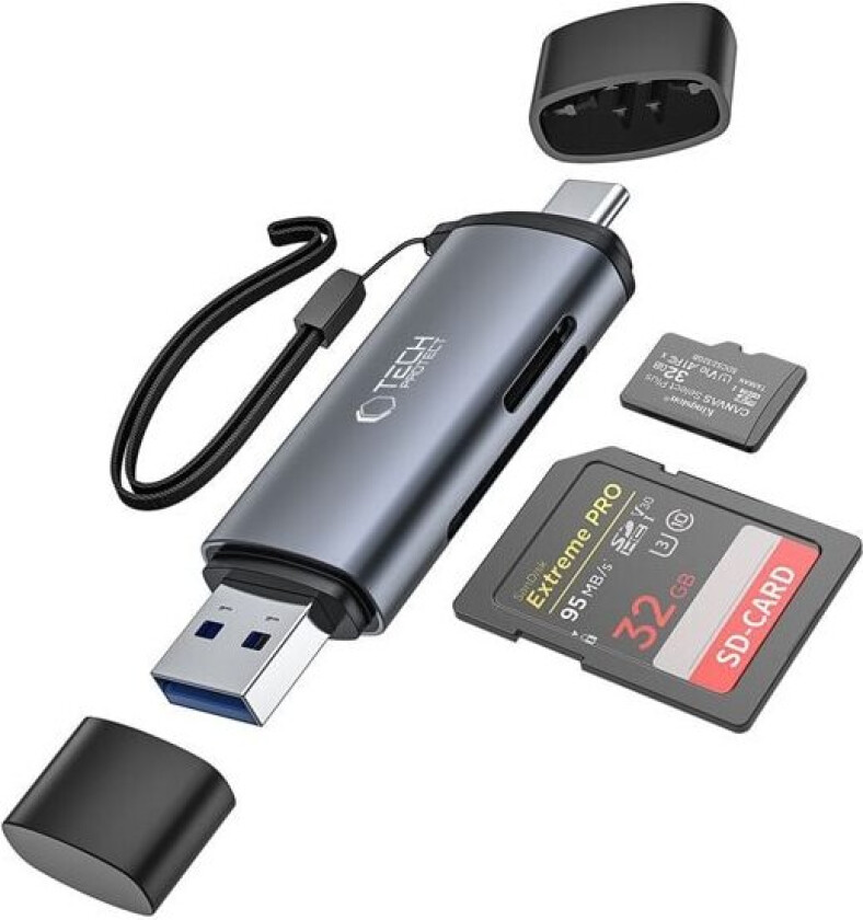 UltraBoost SD/micro SD-kortleser med USB-C/USB-A-kontakter - grå