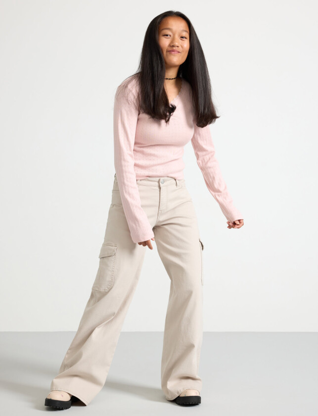 Trousers Twill Washed Wide Leg - Cream - 128