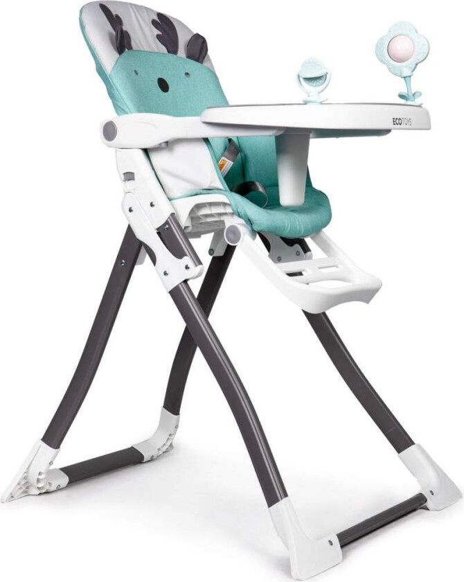 Sammenleggbar barnestol med justerbart brett og sikkerhetsbelter